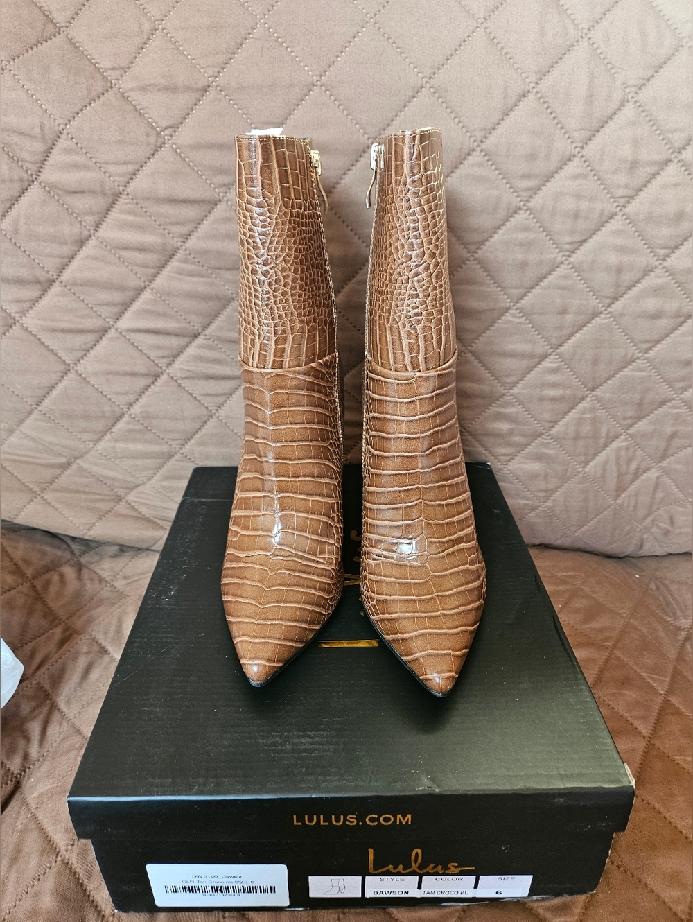 Lulu's Tan Croc-Embossed Pointed Toe Ankle Boots
